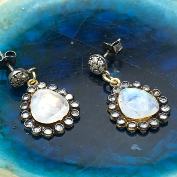 Diamonds moonstones and topaz earrings - Picture 5 of 6